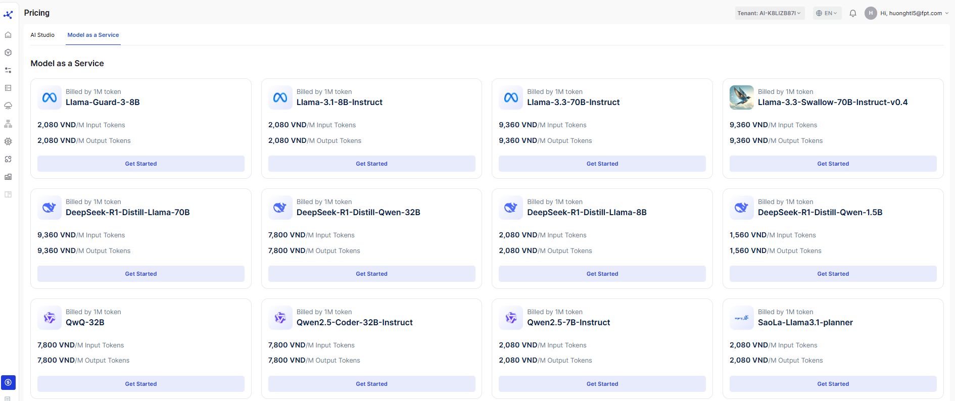 Pricing page for AI Marketplace Model as a service