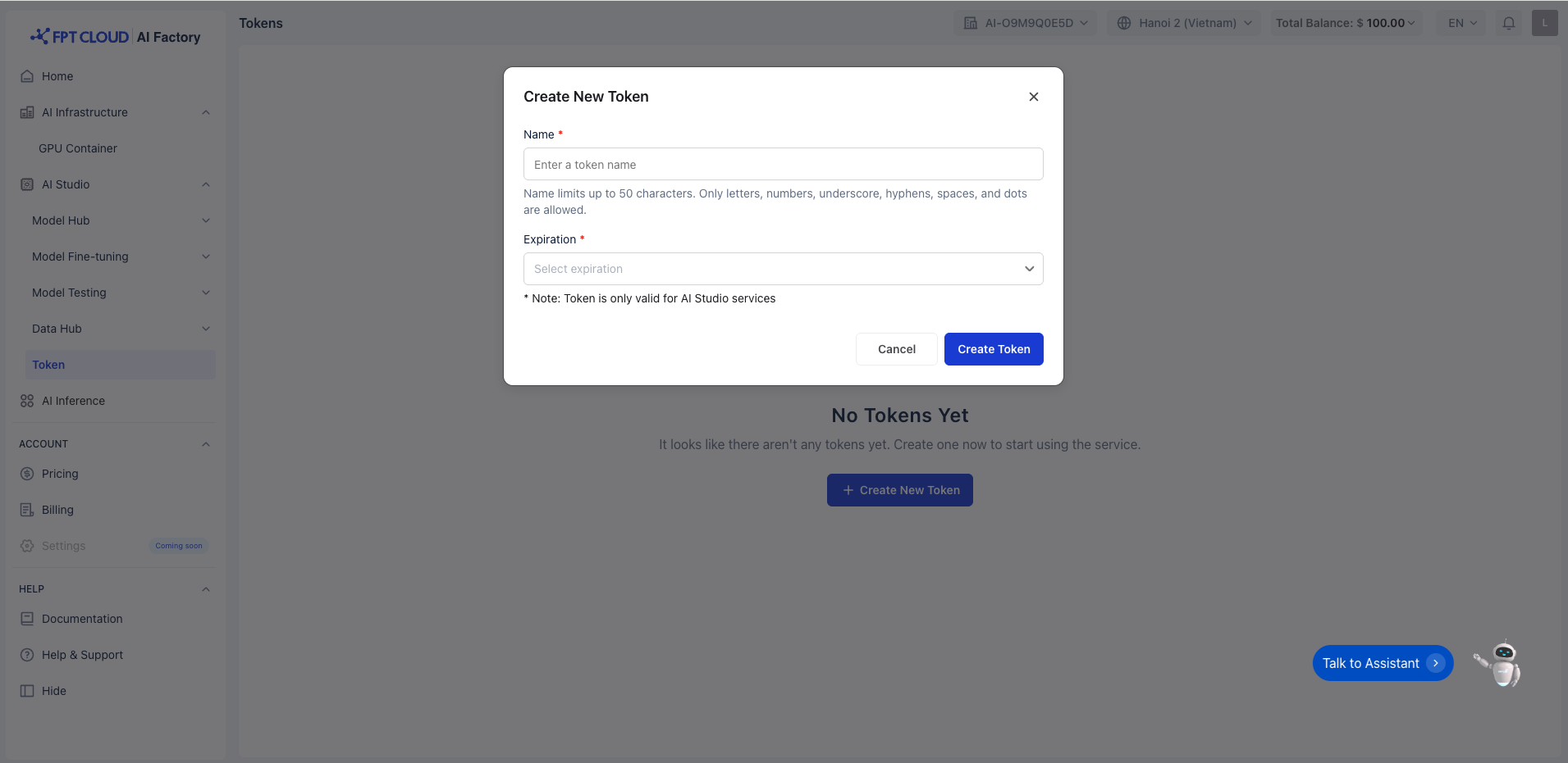 Create New Token popup