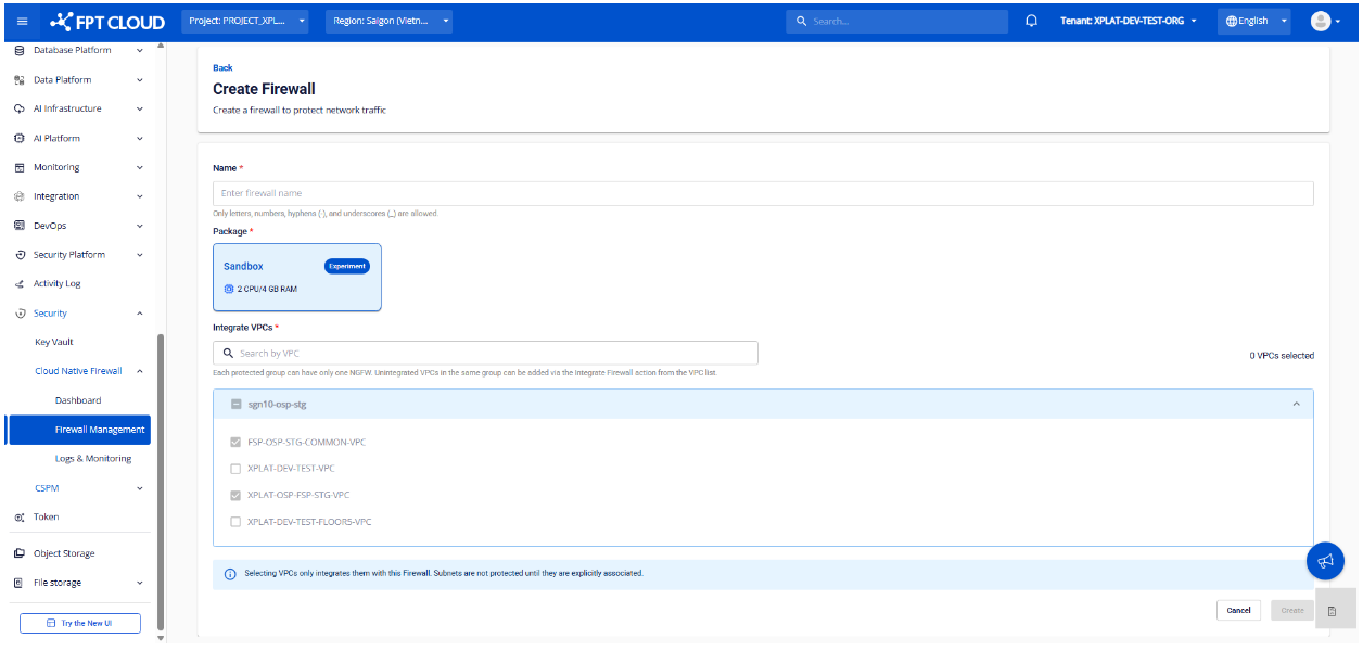 Create Firewall form