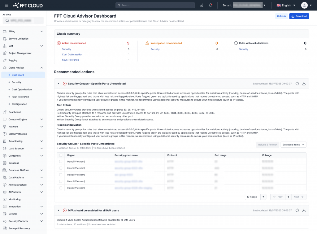 Cloud Advisor dashboard showing action recommended, investigation recommended, and rules with excluded items