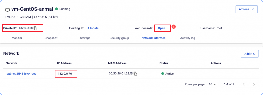 NIC information for a CentOS VM on FPT Cloud Portal