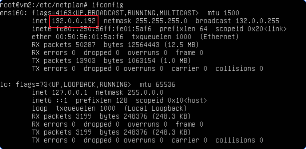Output of ifconfig command in the Ubuntu VM Console