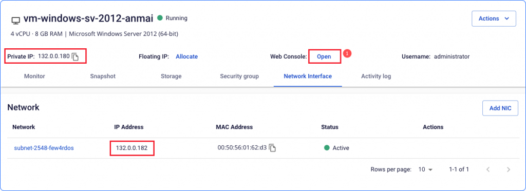 NIC information for a Windows 2012 VM on FPT Cloud Portal