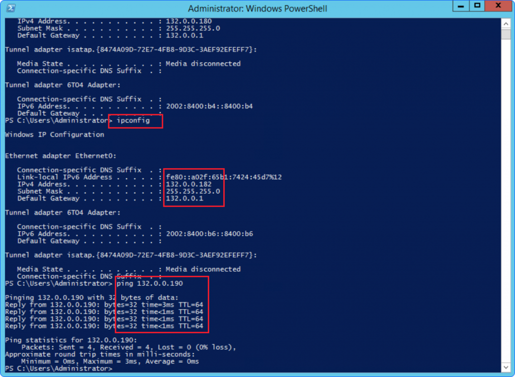 Verification of new IP settings and ping test in PowerShell