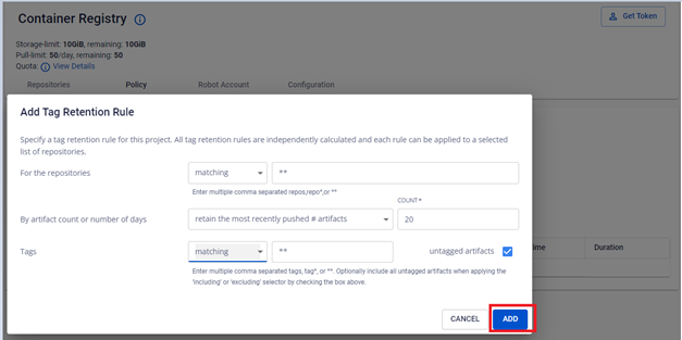 Add button to save the retention rule