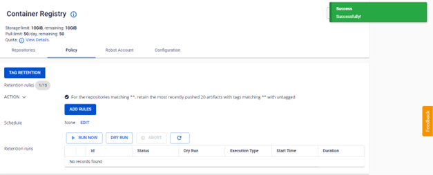 Tag retention rule creation result