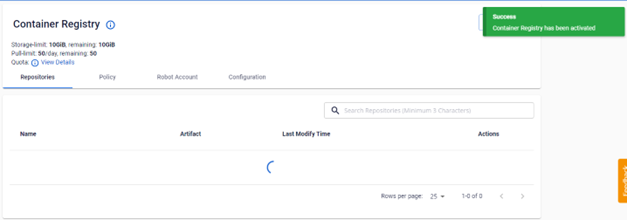 Container Registry activation result