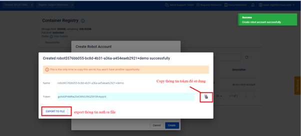 Username/Token dialog after creation