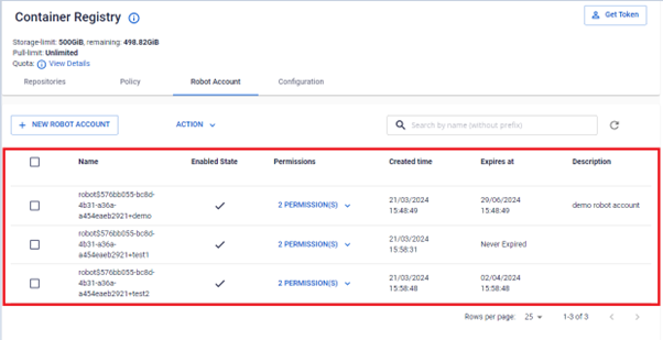 Robot account list on the Portal