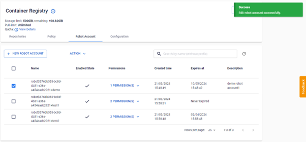 Robot account information after update