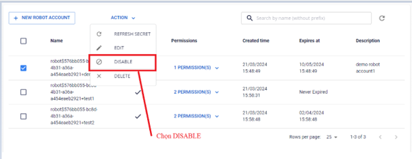 Select ACTION DISABLE