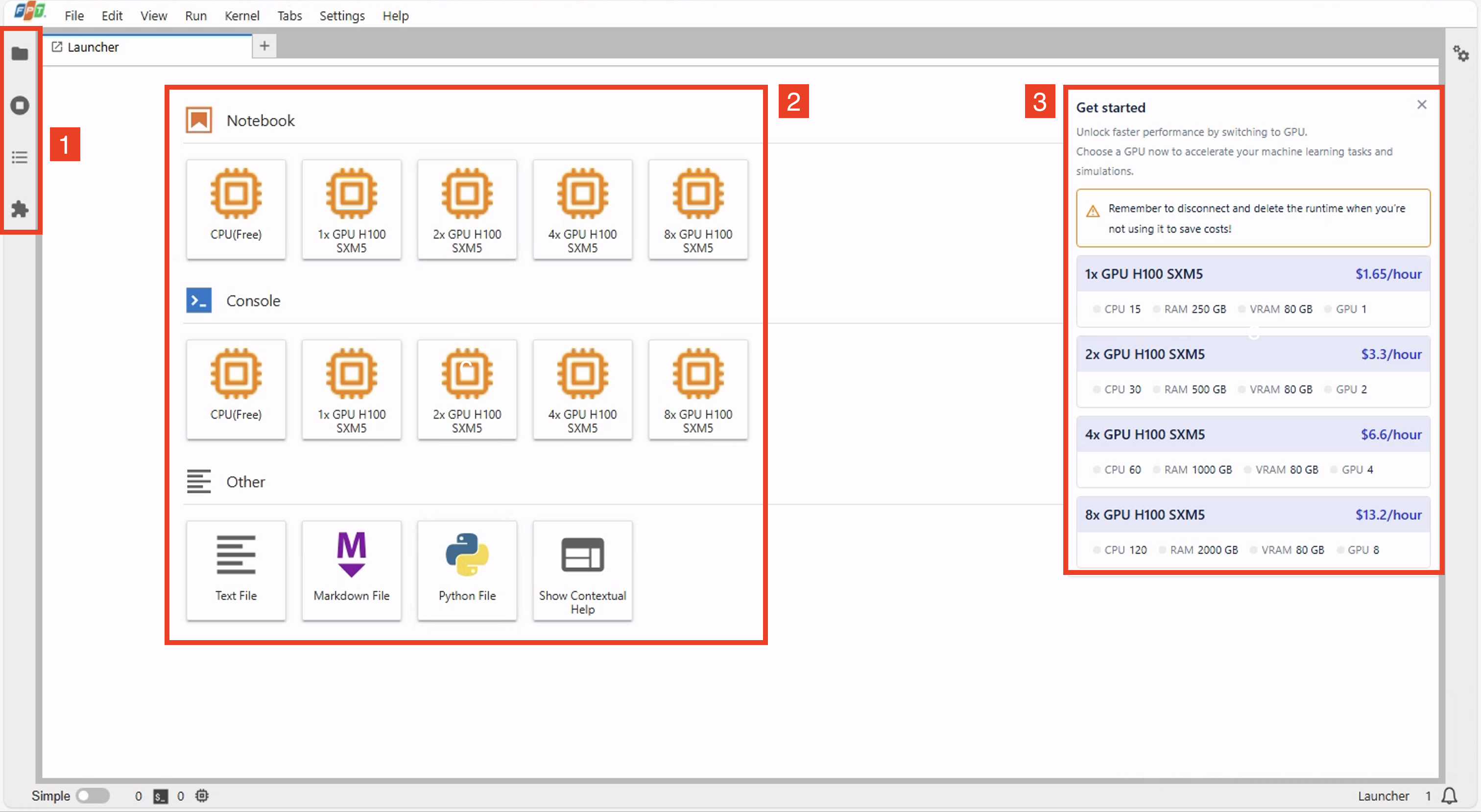 JupyterLab Launcher interface with notebook and console options