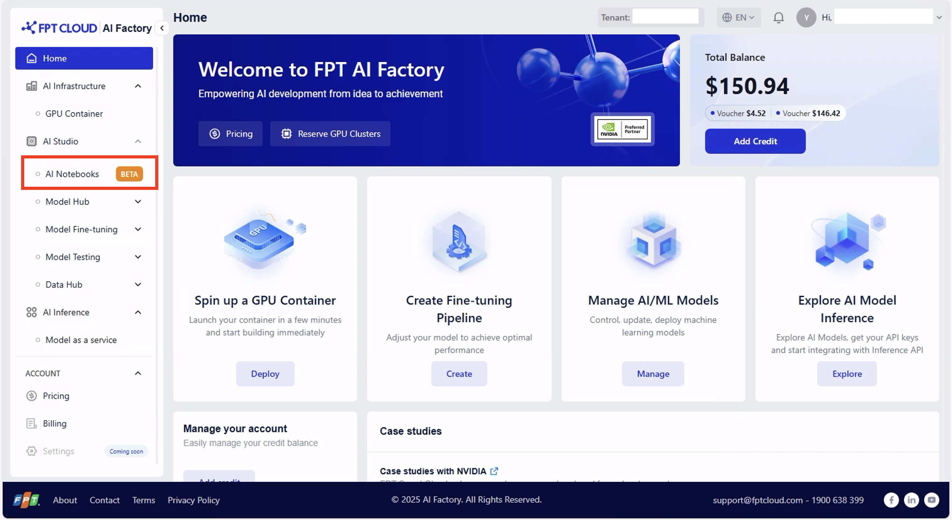 AI Notebook menu item in the FPT AI Factory left navigation