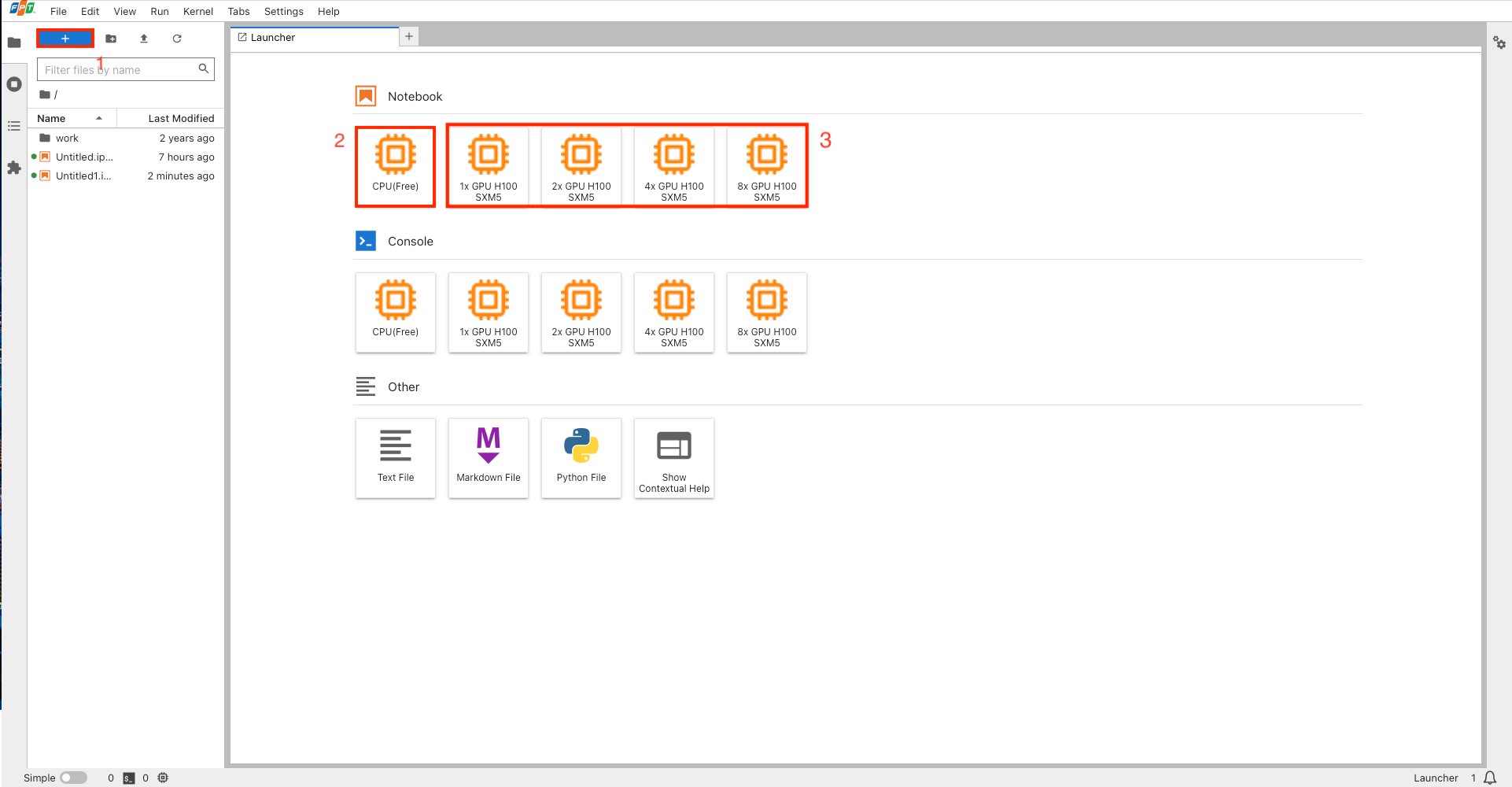 AI Notebook launcher showing the notebook creation options