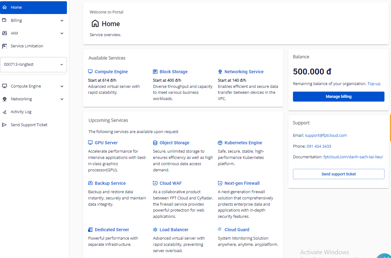 FPT Cloud Portal home page