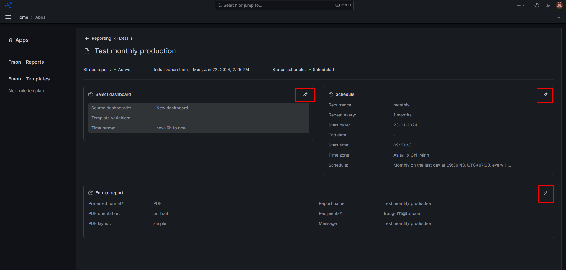 Report detail screen with edit icons