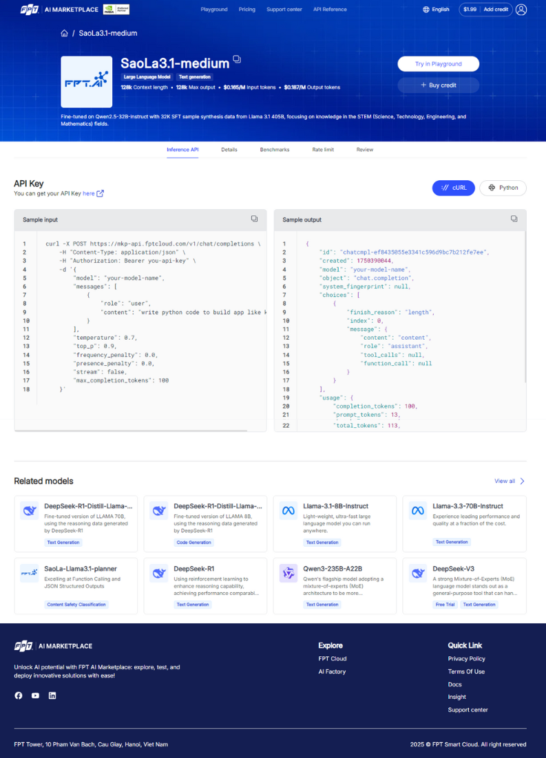 Product information tab showing input parameters and sample code