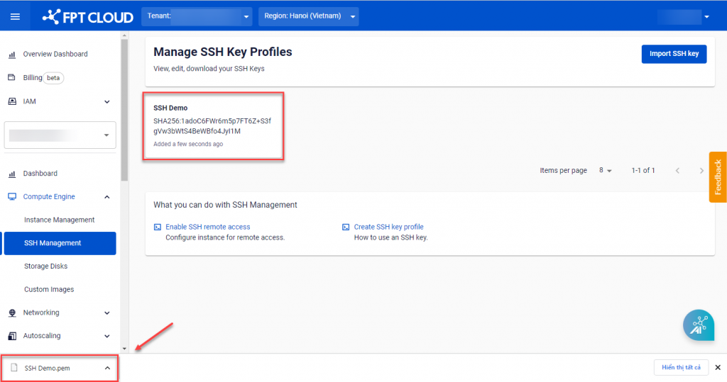 SSH Key created successfully