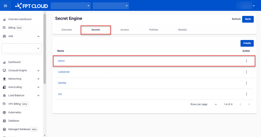 Secret Engine detail screen