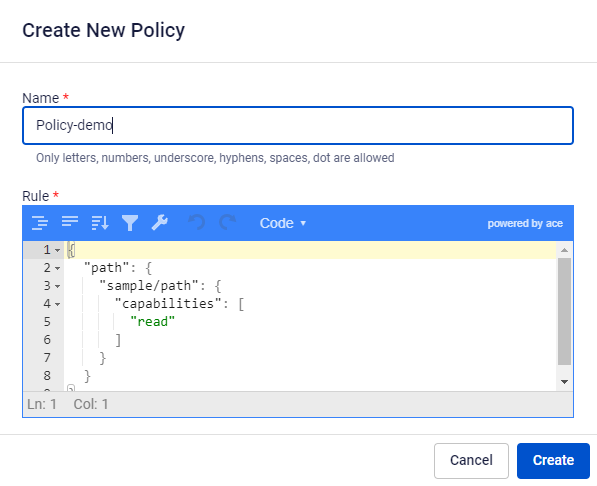 Create New Policy form with Name and Rule fields