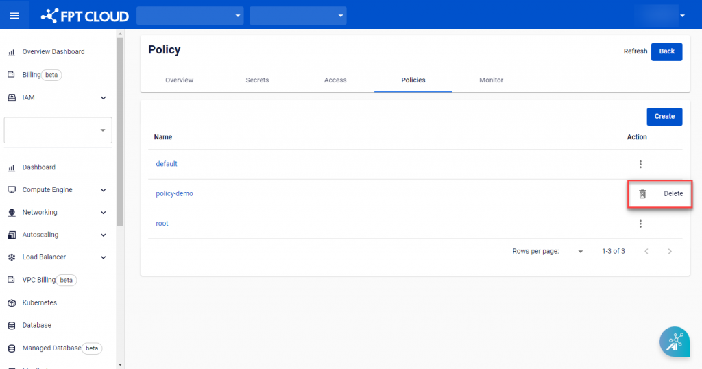 Policy list with Delete option in Action menu