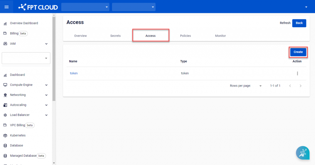 Access tab with Create button
