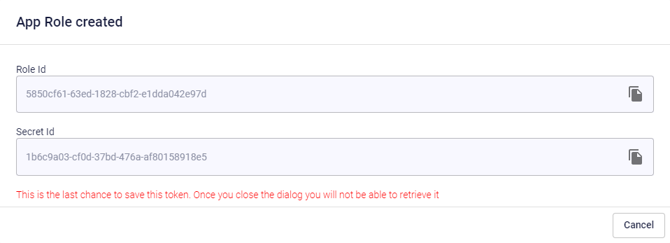 Popup showing Role ID and Secret ID after successful creation