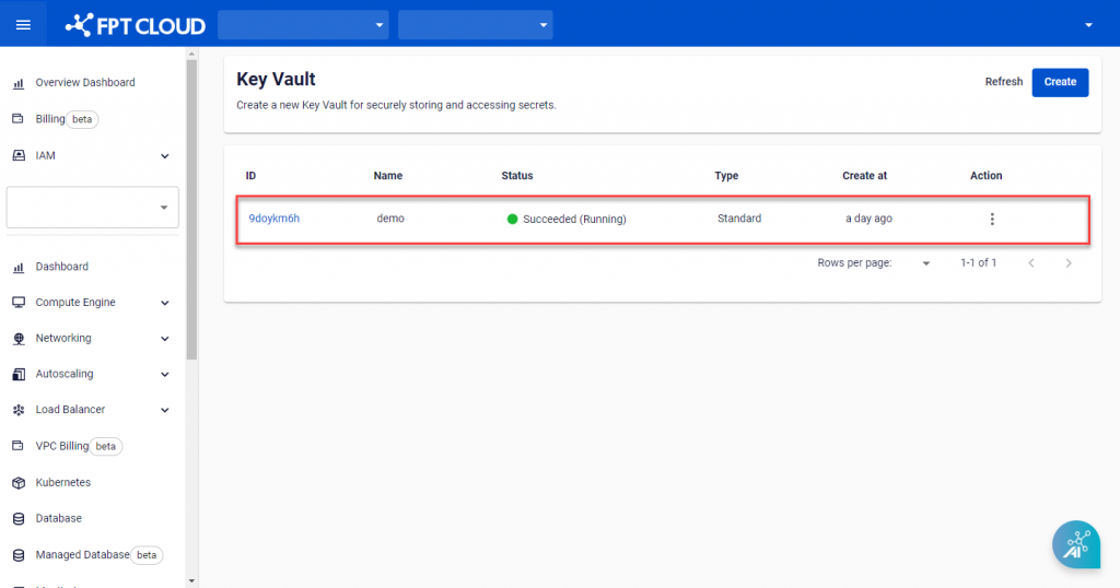 Key Vault Management list screen