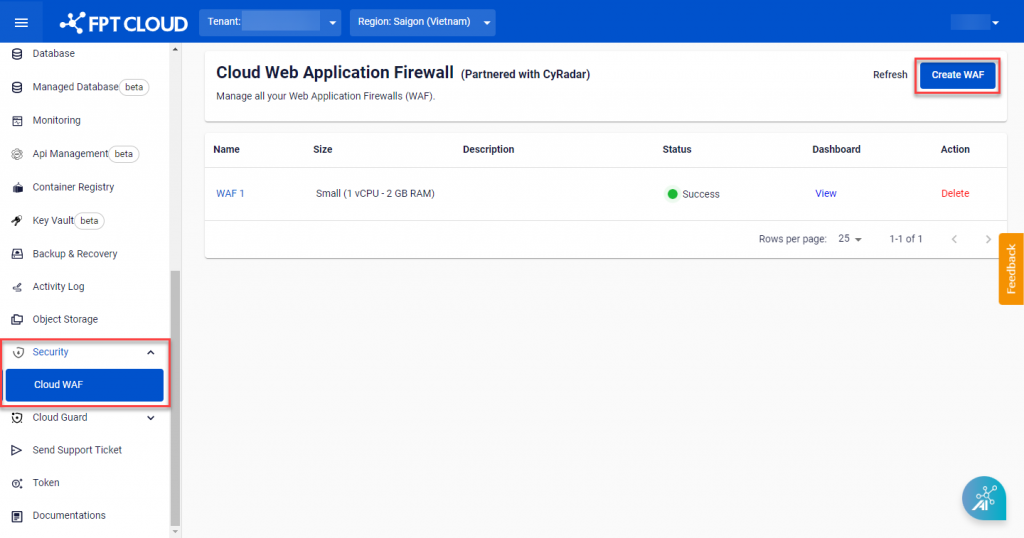 Create WAF — step 1