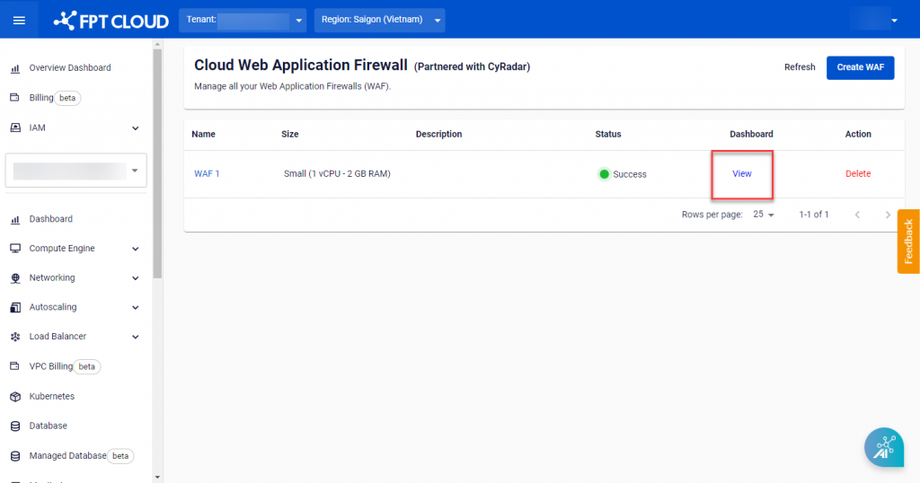 Access WAF Dashboard from portal