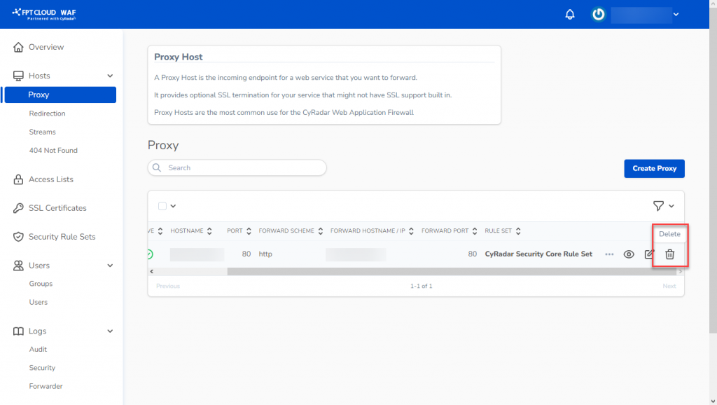 Select Delete on proxy host