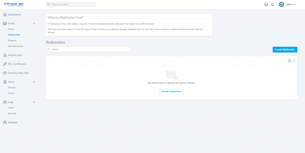 Create redirection host — step 1