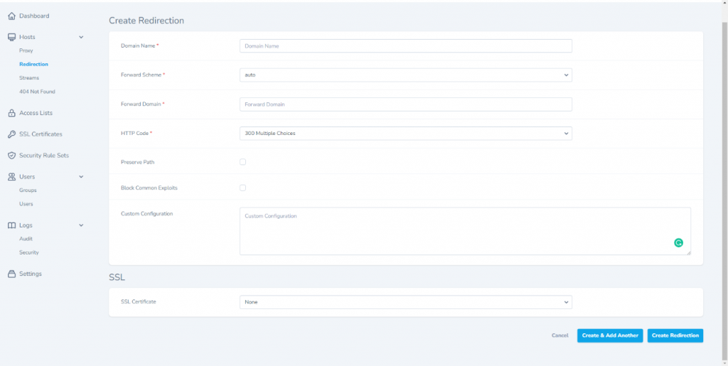 Enter redirection host details