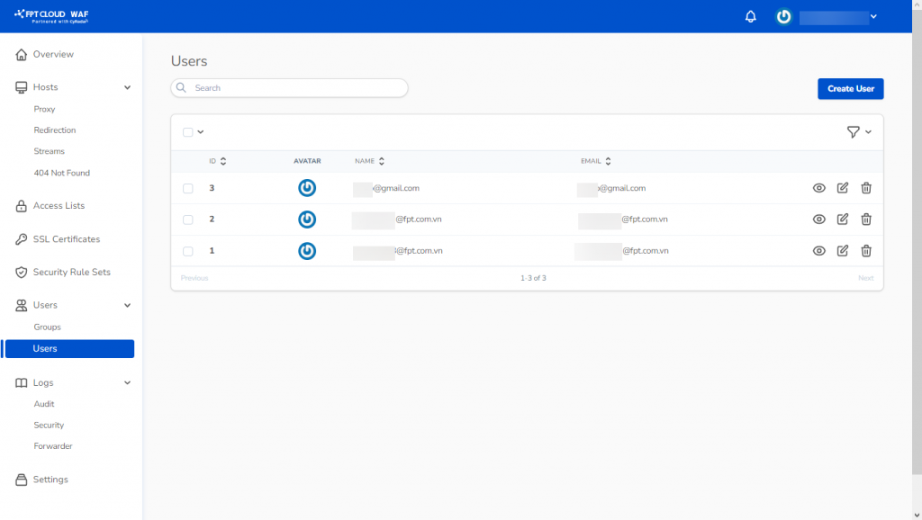 WAF Dashboard user management screen