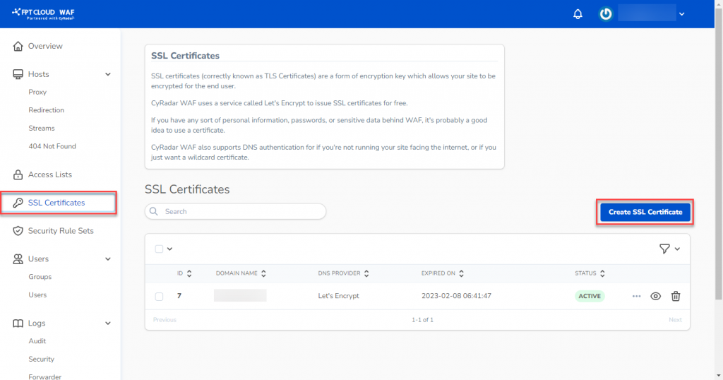 Create SSL certificate — step 1