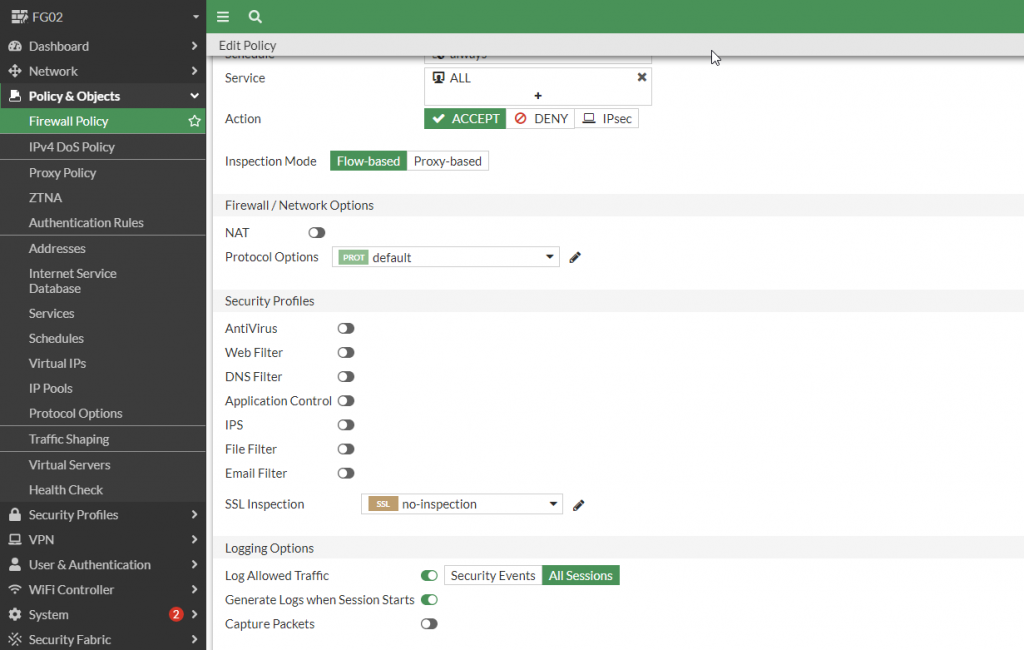 Enable log generation in Firewall Policy