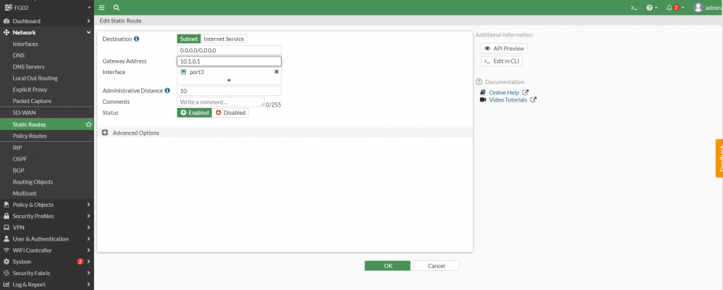 Create new static route