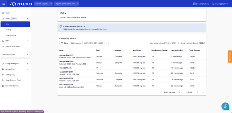 Billing – Bills page