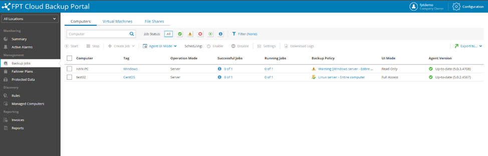 Backup job visible in portal