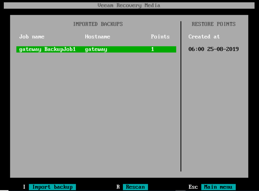 Select backup job and restore point