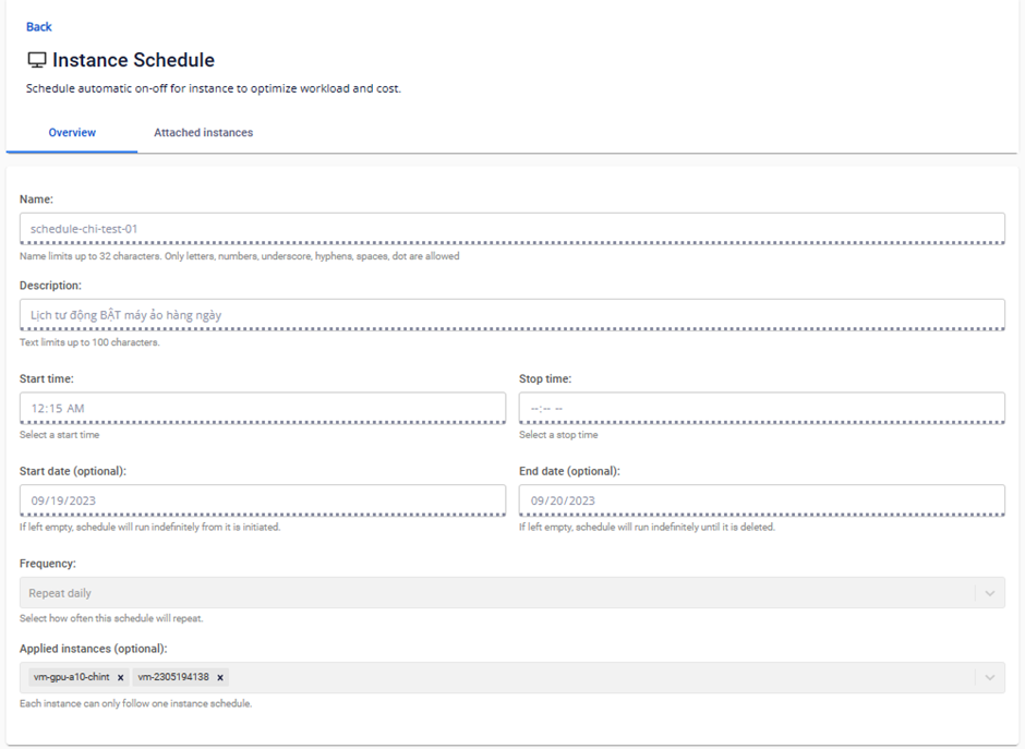 Instance schedule overview