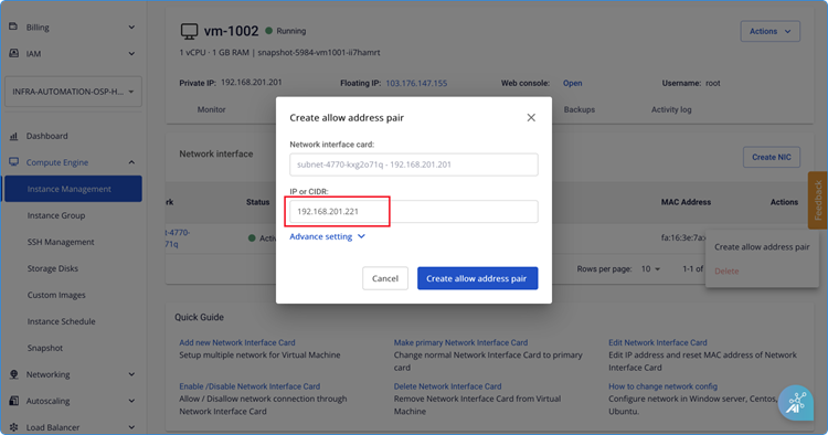 Configure allow IP address pair
