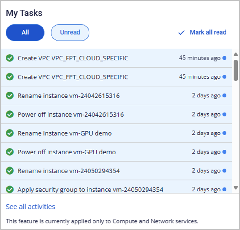 Bell Recent task recording tasks running on the VPC