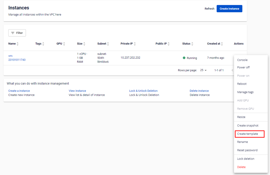 Actions menu with Create Template option
