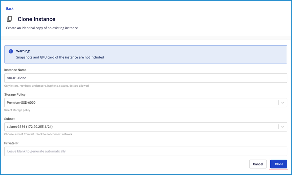 Clone instance dialog