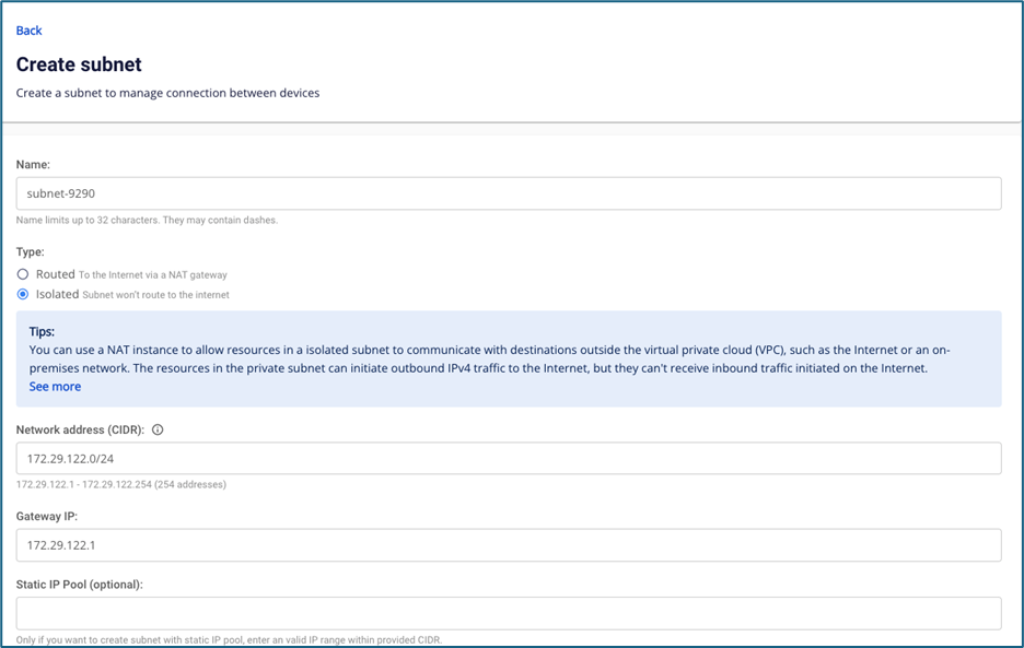 NAT Instance configuration guide when creating an isolated subnet