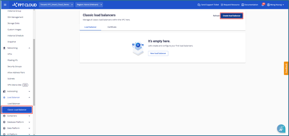 Classic load balancer screen with Create load balancer button