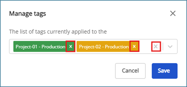 Manage tags dialog with remove option
