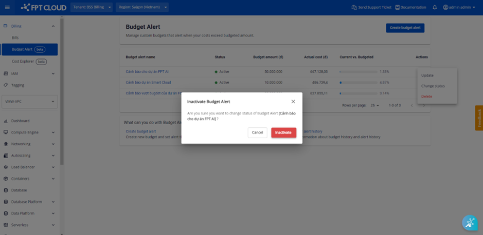 Budget Alert deactivation confirmation dialog