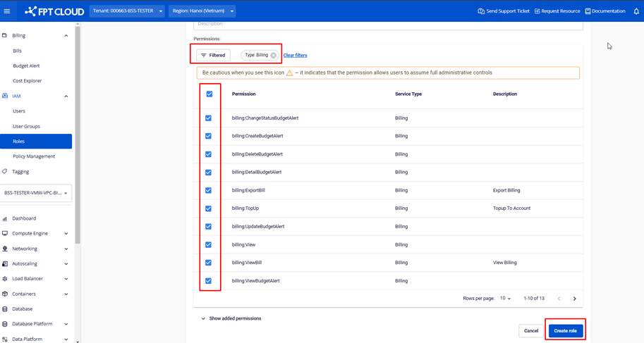 Select billing permissions
